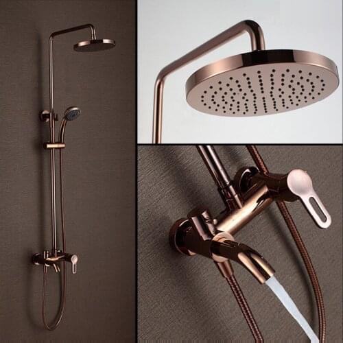 Luxury Gold and Rose Gold Brass Rain Shower Faucet Set Single Ceramic Handles Tub Mixer Hand Shower Bathtub Column Wall Mounted