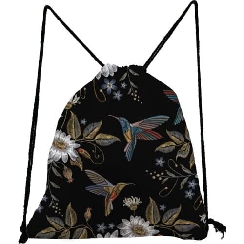Floral Bird Printed Backpack Pretty Black Drawstring Bag Unisex Fashion Shoe Bag for School High Capacity Storage Bag Travel Bag