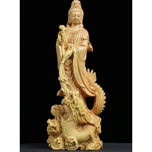 Boxwood Carving Buddha Sculpture Hall Feng Shui Decoration Craft Solid Wood Buddha Statue Worship Dragon Guanyin Home Decor