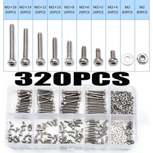 320PCS 304 Stainless Steel M2 Hexagon Socket Head Cap Screws Bicycle Hex Bolts With Nut Flat Washer Assortment Tool Box