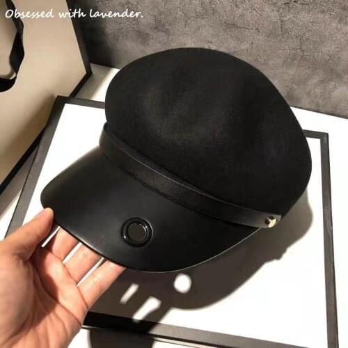 Obsessed with lavender.Hat women autumn and winter leather wool navy octagonal hat wool Cap retro Hat