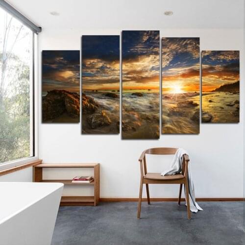 Nordic Sunset Ocean Landscape Modular HD Printed 5 Panel Posters Canvas Painting Print Wall Picture for Living Room Home Decor