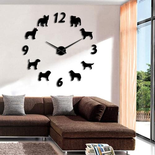 Dog Breeds Large Wall Clock Bull Terrier Pug 3D Wall Watch Puppy Animal Wall Decor DIY Big Clock Modern Design Best Gift