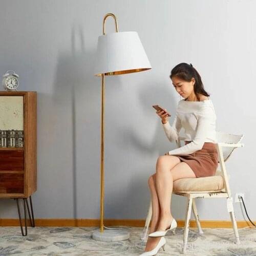 Nordic Minimalist Style Electroplated Gold Iron Body Marble Base Floor Lamp Bedroom Living Room Studio Light Fixture LED E27