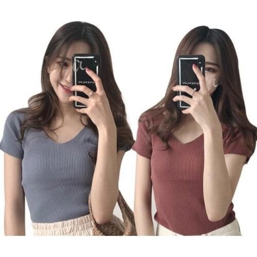 Women Short Sleeve Slim Top Jacket Sexy Casual Summer V-neck Knit Tshirt Girl Female Basic Tops Tee