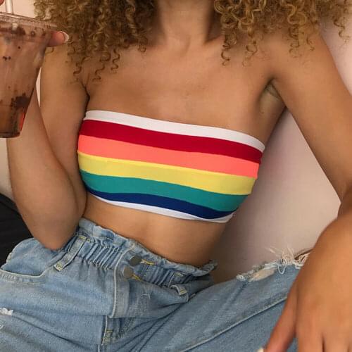 Sexy Summer Tube Top Girls Strapless Bustier Crop Top Stripe Rainbow Bandeau Top Rainbow Striped Bralette Brassier