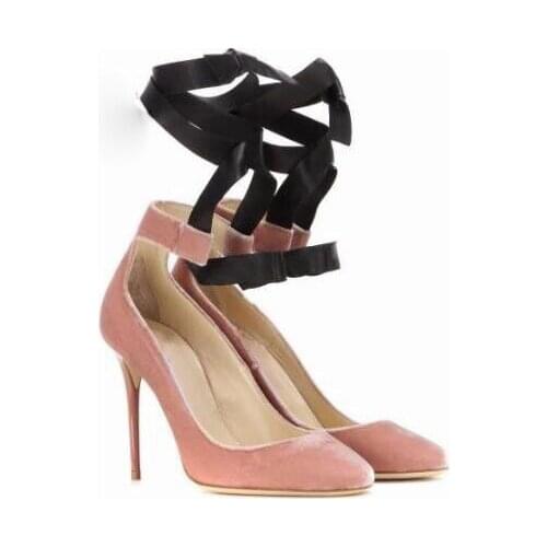 2017 new style spring sweet pink black suede leather shallow high heel pumps shoes dress pumps ankle strap lace up party shoes