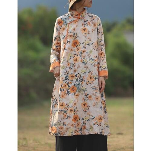 Retro Stand Collar Slant Beads Button Yellow Flowers Print Pure Linen Dress, Spring Autumn Digital Print Chinese Classical Robe