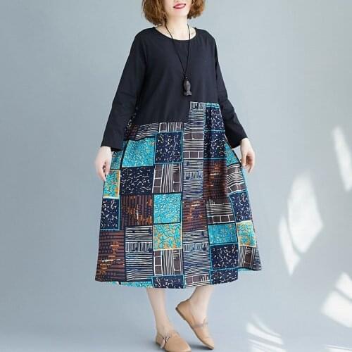 Vintage Long Dress Patchwork Casual Loose Plus Size Retro Womens Dresses New Arrival 2019 O-Neck Robe Vintage Femme TA1826