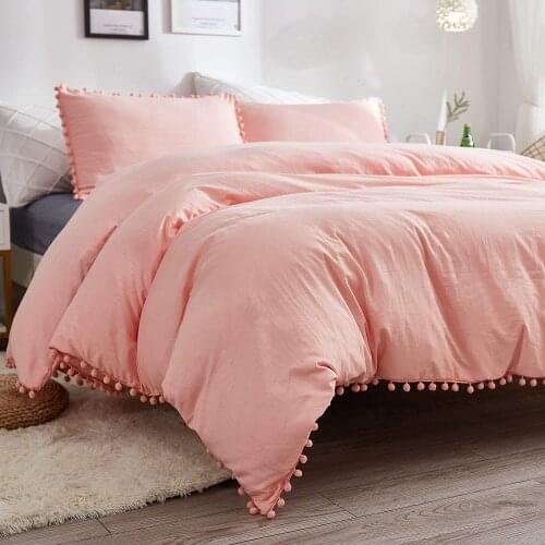 Wihte Pink Bedding Sets With Washed Ball Decorative Microfiber Fabric Queen King Duvet Cover Pillowcase Comfortable