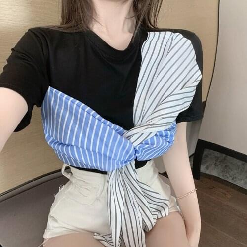 Zoki Striped Patchwork Women T Shirt Short Sleeve Summer O Neck Bandage Ladies Tees Korean Casual Designed Female Tops New 2021
