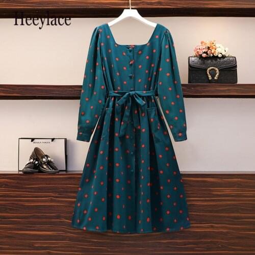 Plus size women autumn polka dot vintage dresses for women square neck high waist korean women dresses office ladies vestidos