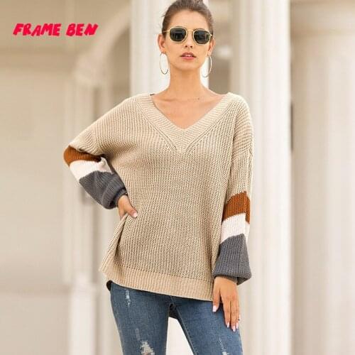 FRAME BEN Women Sweater Fashion Autumn V Neck Pullover Loose Tops 2019 Femme Lantern Sleeve Patchwork Striped Sweaters