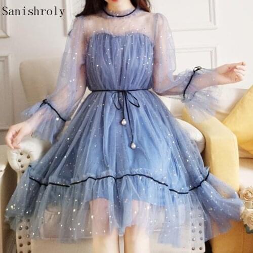 Women Star Sequined Lace Dress 2021 Spring Autumn Sweet Tie Bow Flare Sleeve Mesh Dress Female Midi A Line Ball Gown Vestidos