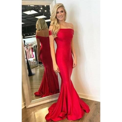 Elegant Off Shoulder Satin Long Mermaid Evening Dresses Floor Length Zipper Back Red Formal Party Dresses for Women