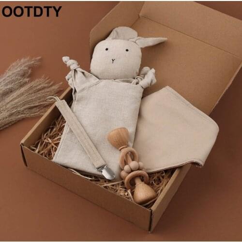 2-4Pcs Baby Soothe Appease Towel Cotton Pacifier Clip Chain Beech Wooden Teethr Bunny Ear Teething Ring Feeding Bib Newborn Bath