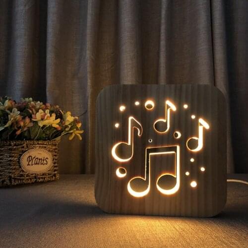 3D LED Wood Lights Creative UBS Night Warm Mood Lamp Musical notes Lover Coffee Bedroom Atmosphere Light Hollow Carving