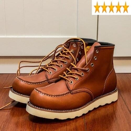 Genuine Men Retro Ankle Leather Cowhide Work Boots Autumn Winter Lace Up Platform Safety Biker High-Top Shoes Botas