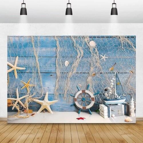 Laeacco Happy Birthday Baby Shower Wooden Board Seaside Model Net Starfish Photophone Photozone Photo Backdrop Photo Backgrounds