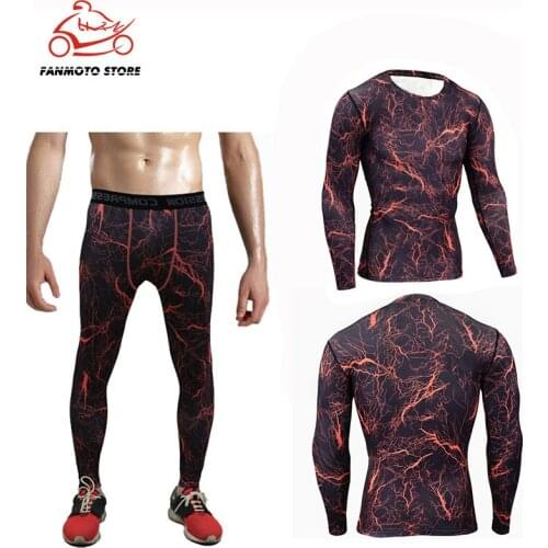 Male Motorbike T-Shirt Compression Set Men Run Jogging Suits Fitness Sports Sets Long Sleeve Shirt and Pants Gym Workout Tights