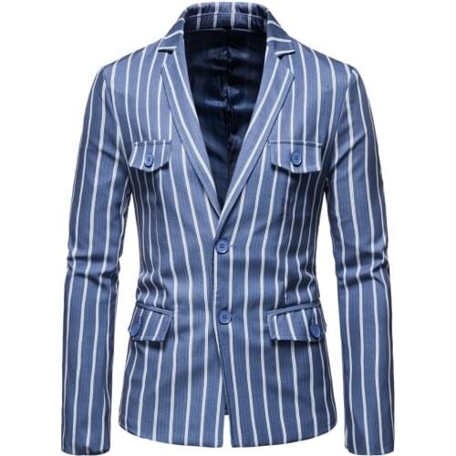 Mens Striped Suit Long Sleeve Two Buttons Single-breasted Straight Type Jacket Casual Floral Suit with Pockets