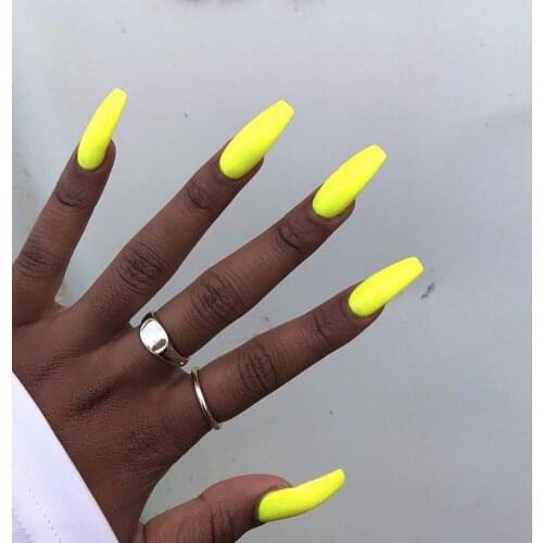 American punk style Ballet Fluorescent yellow pure color false nails 24pcs with glue Middle-long lady full nail tips gothic