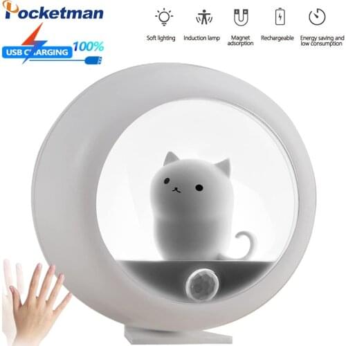 Cute Cat Night Light LED Lamp Creative Body Induction Motion Sensor Cabinet Wall Hanging Lamp USB Rechargeable Wall Table Light