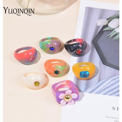 New Korean Ins Vintage Resin Geometric Round Rings for Women Girls Simple Rhinestone Colourful Fashion Jewelry Party Punk Gifts