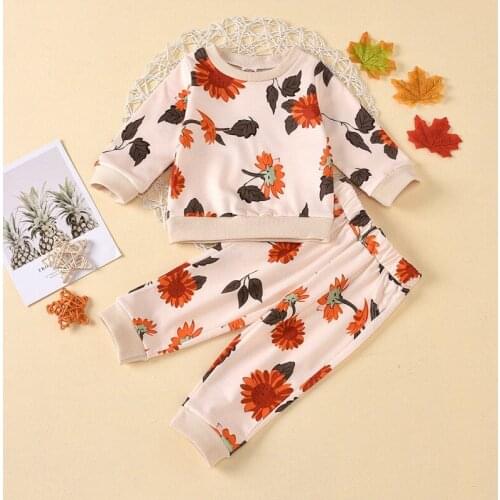 Autumn Baby Girl Outfits Long Sleeve Flower Pattern Blouse+Pants Casual Costume Set