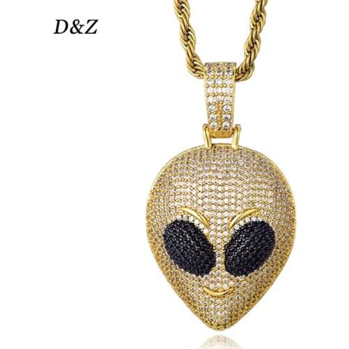 D&Z Hip Hop Alien Head Pendant In Gold White Color Soild Back Pendant Iced Out Cubic Zircon Stones Men Hip Hop Rock Jewelry