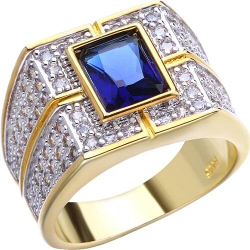 Luxury Male Female Blue Stone Ring Gorgeous Yellow Gold Color Engagement Ring Big Vintage Wedding Rings For Men Women