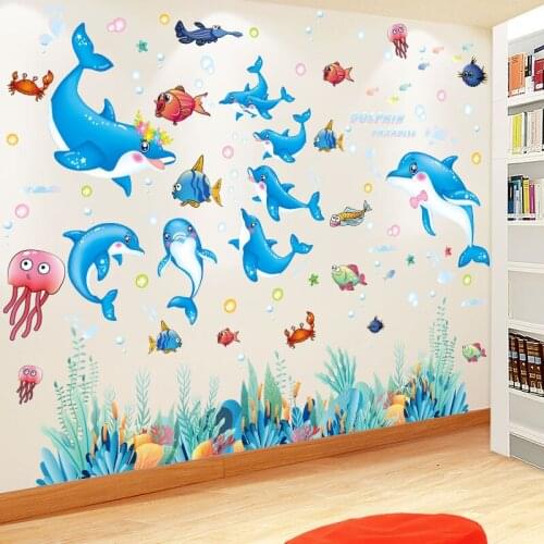 [shijuekongjian] Cartoon Fish Seagrass Wall Stickers DIY Dolphins Animals Wall Decals for Kids Room Baby Bedroom Home Decoration