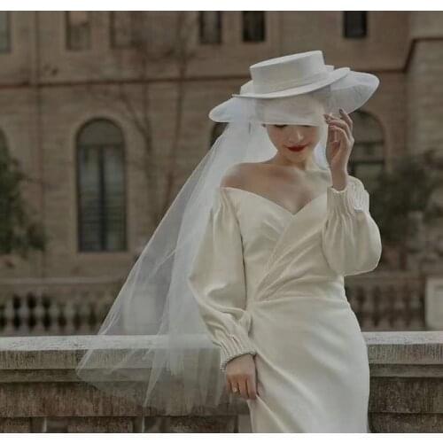 Luxury Wide Brim Wedding Hat With Long Bow Mesh British Women Church Party Formal Fedora Hat Bride Photo Shoot Hat Headpiece