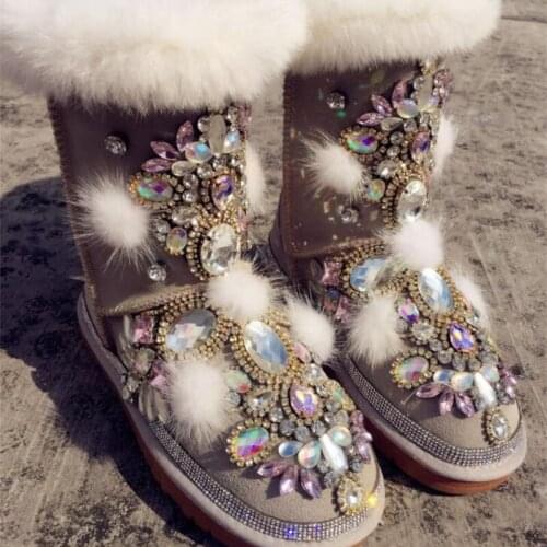 Warm home custom big fox fur crown jewel crystal handsome high tube leather European station snow boots star models