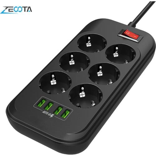 Power Strip Surge Protector 6 EU Electric Plug Outlet Socket with USB 4 Ports Charger Adapter Dock 5V 3.4A 2m Extension Cord