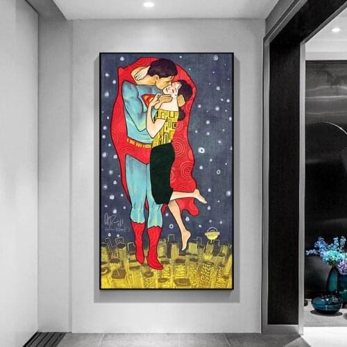 Fun Art Superhero Kiss By Gustav Klimt Canvas Paintings Posters and Prints Wall Art Pictures for Living Room Decor Unframed