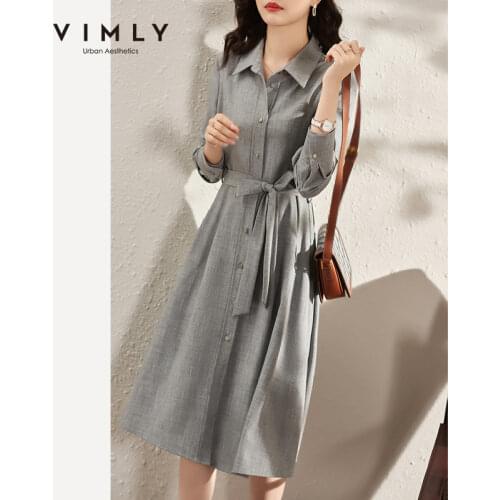 VIMLY long sleeve dress autumn clothing 2021 Office Lady Shirtdress Slim Waist Lace up A-line Midi Dresses Female Vestido F8787