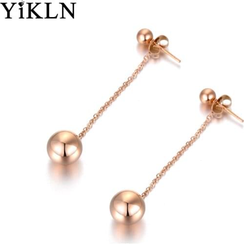 YiKLN Trendy Rose Gold Color Double Round Beads Long Tassel Earrings For Women Titanium Steel Party Earrings Jewelry YE18036