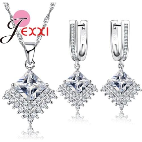 925 Sterling Silver Wedding Jewelry Sets For Woman Wedding Engagement Accessory Square CZ Earrings Necklace Set