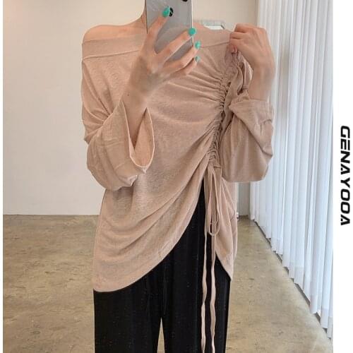 Genayooa Casual T Shirt Women 2021 Fashion Long Sleeve Off Shoulder Tee Shirt Femme Loose Drawstring Top Korean Clothes Autumn