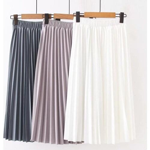 Women Summer Pleated Skirt Solid Linen Elastic Waist Vintage Elegant Office Midi Skirts Saia Casual Faldas Jupe Femme Saia