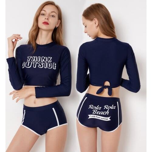 Women Long Sleeve Rash Guard Swimsuit Surfing Crop Paded Shirt Frilled High Waist Shorts Swimwear Two Piece Sporty Bathing Suit