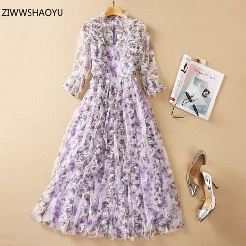 ZIWWSHAOYU Summer Fashion Woman Elegant Midi Dress O-Neck Long Sleeve Floral Net Yarn Ruffles High Waist Party A-Line Dresses