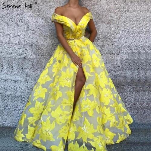 Serene Hill Latest Fashion Yellow Off Shoulder Evening Dress Sleeveless Flowers Sexy Formal Party Wear Gown CLA6597