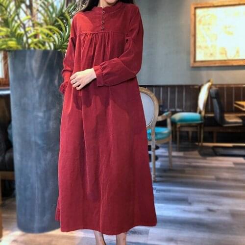 Johnature Women Corduroy Vintage Dress Stand Long Sleeve 2020 Autumn Winter New Button Solid Color Thick Women High Waist Dress