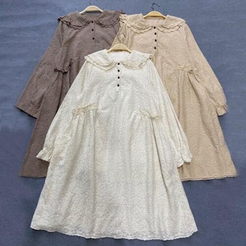 Johnature 2021 Autumn New Japanese Embroidery Ruffles Women Dresses Vintage Mori Loose Turn-down Collar Full Sleeve Female Dress