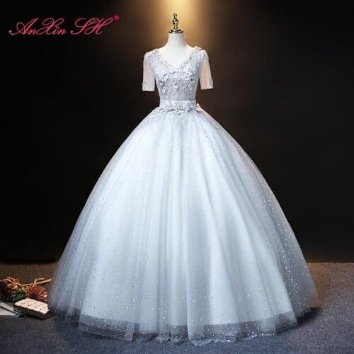 AnXin SH vintage princess grey lace beading crystal v neck short sleeve illusion little flower bride host stage evening dress