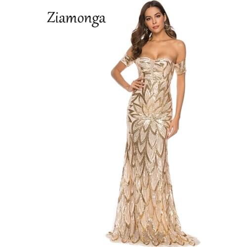 Ziamonga Elegant Slash Neck Sequined Maxi Dress Off The Shoulder Gold Sequin Long Dress Floor Length Party Dress Gown Longo