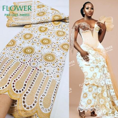 Gold 2.5 Yards Swiss Voile Lace Fabric With Embroidered For Traditional Celebration Dresses Guipure Dry Lace For Wedding