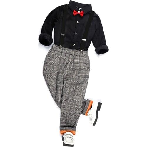 Baby Boys Wedding Clothes Sets Autumn Winter Kids Korean Handsome Suits Long Sleeve Shirts Plaid Pants Tie Boys 2pcs Suit 2-9 Y